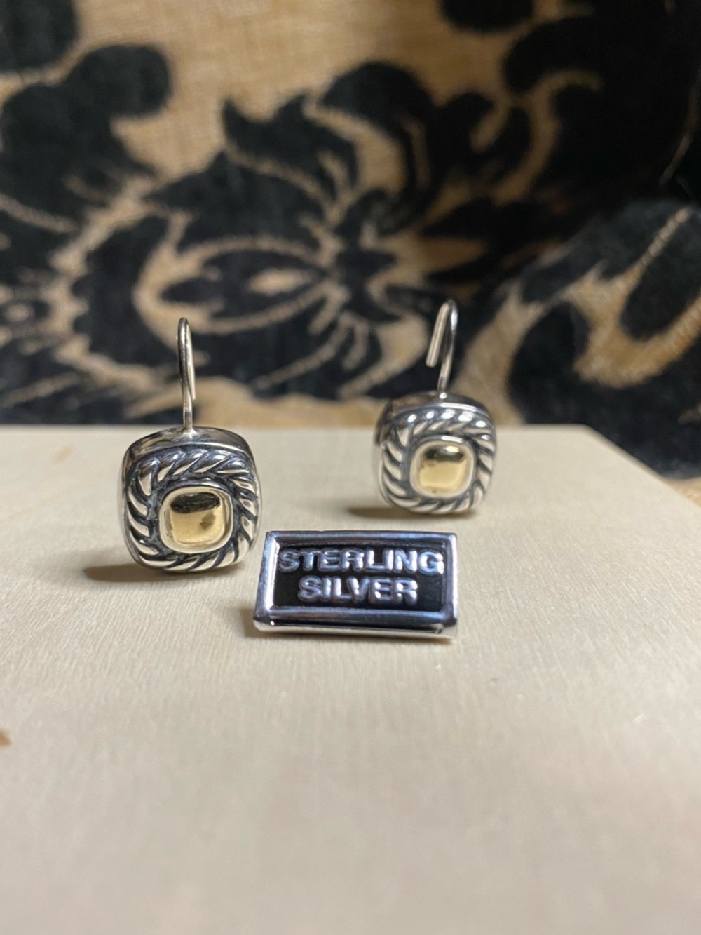 Vintage Sterling Silver Two-Tone Square Drop Earrings - Gold Accent